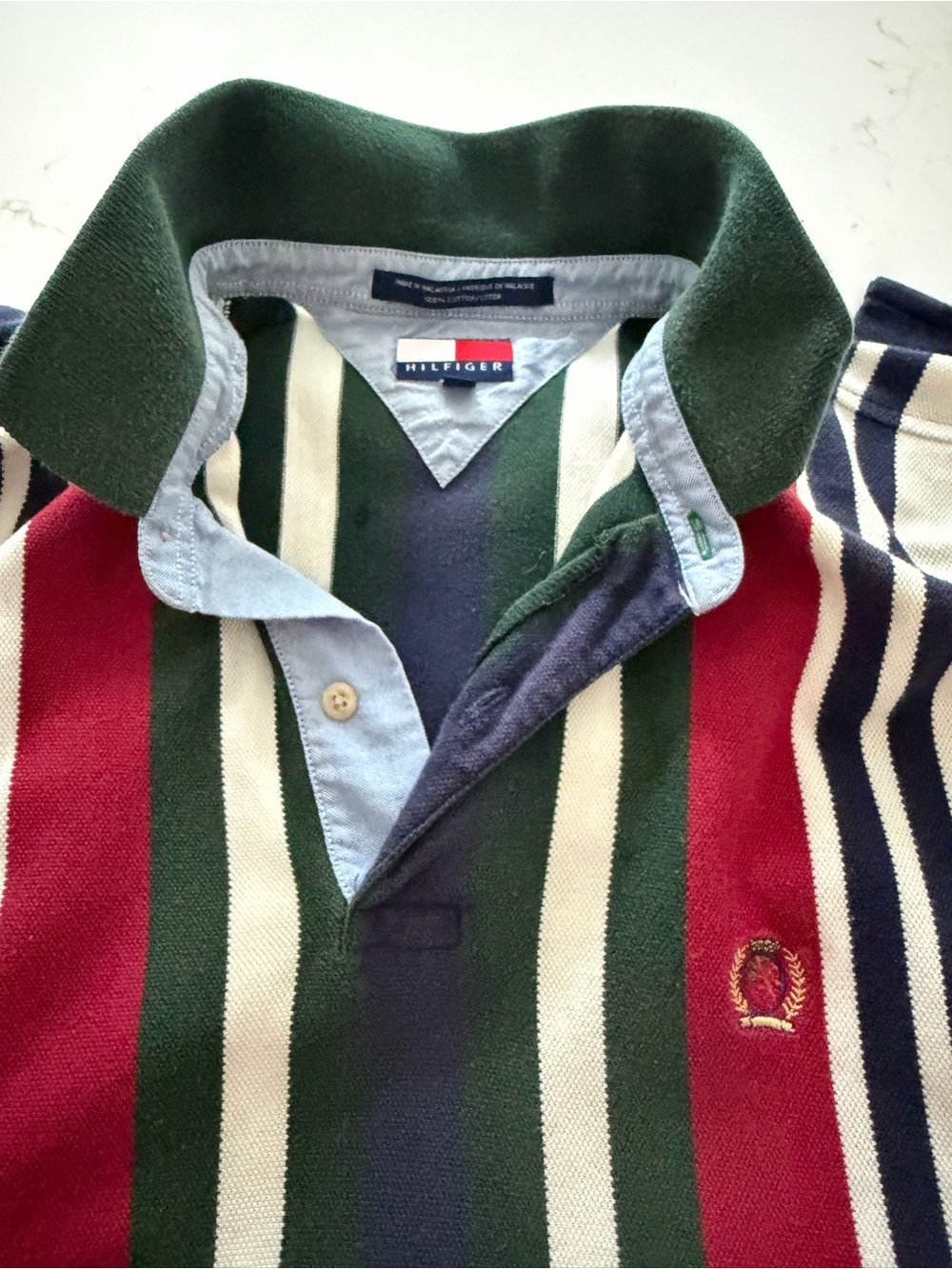 Vintage Tommy Hilfiger Vertical Stripe Polo in Navy, Green & Burgundy - Picture 2 of 8